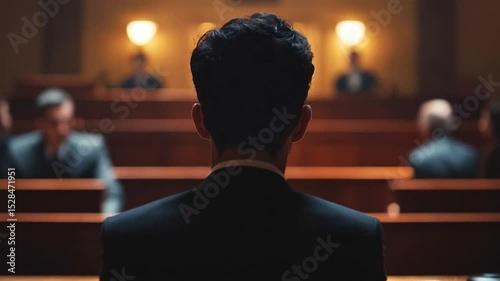 A tense courtroom echoes as the suspect stands silently, awaiting judgment under piercing, watchful gazes.

