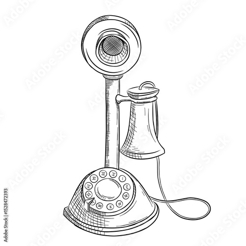 old fashioned telephone vector line art hand drawn illustration 