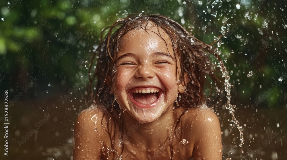 Obraz premium A joyous child with wet hair laughs freely as she plays in the rain, surrounded by a lush green background, capturing the pure essence of childhood joy and spontaneity.