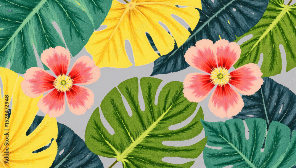 Fototapeta premium Vibrant Tropical Leaves Collage Art, Lush Green Foliage, Exotic Florals, Summer Paradise, Bold Organic Composition, Nature-Inspired Design, Bright Sunny Tones, Botanical Wall Art, Jungle-Themed Decor,