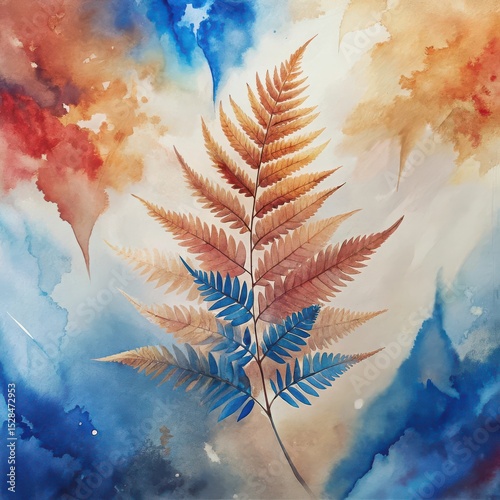Soft Watercolor Illustration of Fern Leaves Against a Vibrant Background of Blue and Red Hues