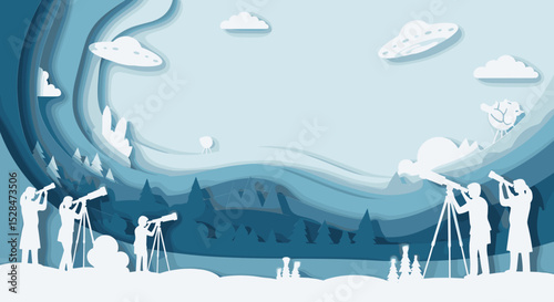 People observing UFOs with telescopes in a whimsical landscape  