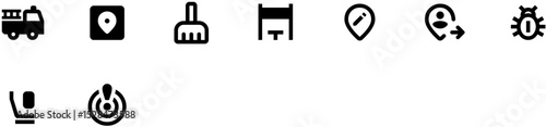 Black and white vector icons for mobile apps featuring a truck seat icon, web letter mark, and minimalist design on white background.