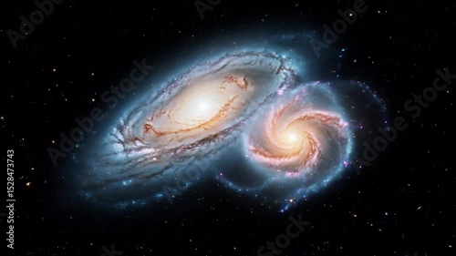 Two spiral galaxies swirling in the cosmos with bright stars and colliding in the space

