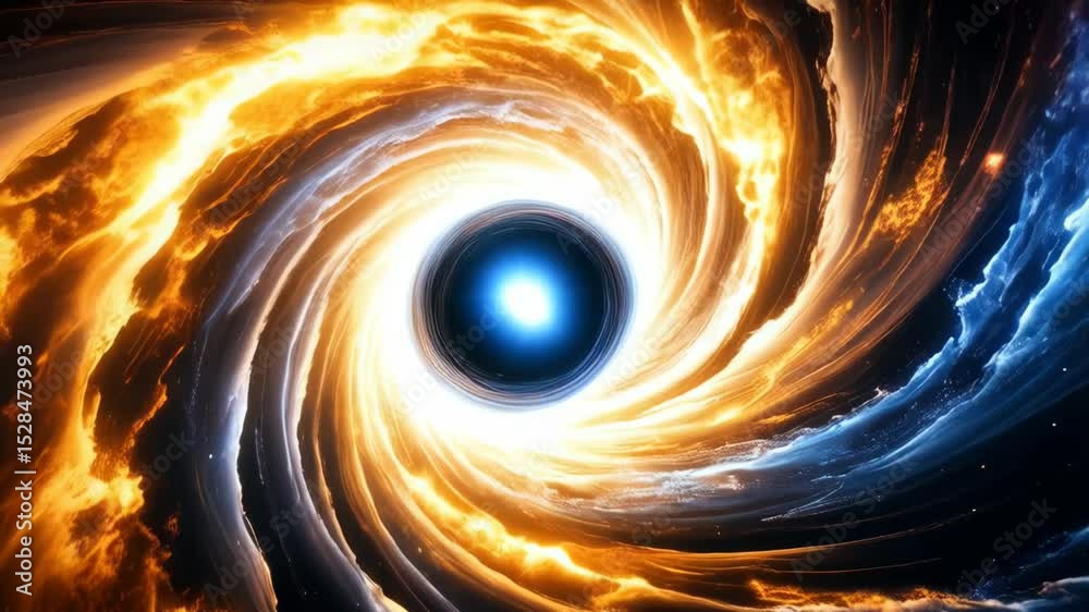 Abstract cosmic swirl of swirling energy with blue and golden hues in dark outer space featuring a mysterious black hole
