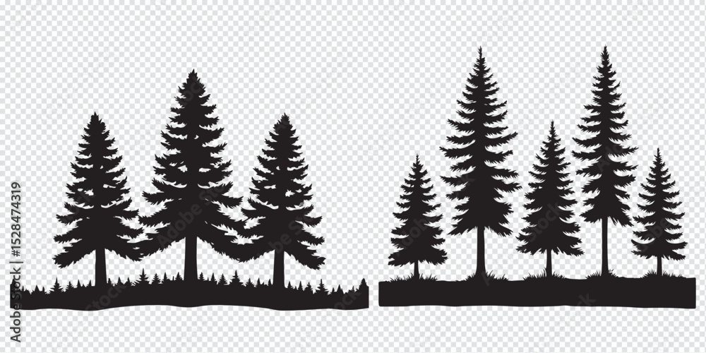 Obraz premium Set Trees. Hand Drawn Vector Illustration – Stylized Pine Tree Silhouettes, Minimalist Forest Design with Conical Shapes, Black on White, Simple Symmetrical Nature Graphic