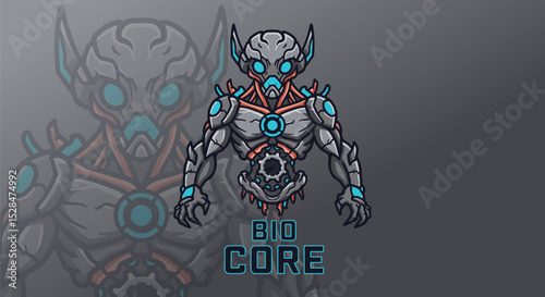 Robotic head with biomechanical design and green highlights. Futuristic flat vector mascot illustration.