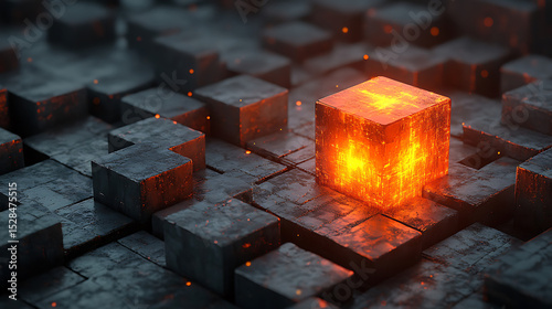 Glowing Cube in a Field of Dark Cubes - Abstract Technology Background