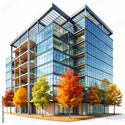 Modern multistory building with glass facade and autumn trees photo