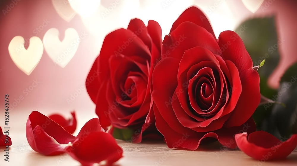 Fototapeta premium Romantic Red Roses with Petals and Hearts Background