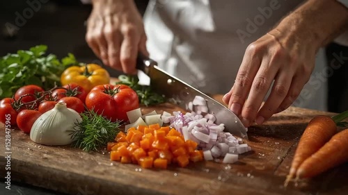 Chef Hands Skillfully Chopping Fresh Colorful Vegetables in Professional Kitchen