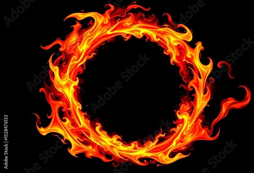 Fiery circular anime frame with swirling flames, dark background, comic, dark