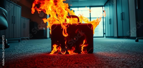 Flames engulfing a briefcase on a plush office carpet, dramatic low angle,  incineration, flames