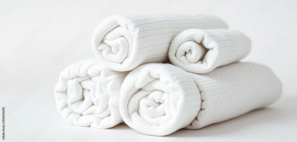 Fototapeta premium Neatly rolled soft terrycloth towels, plush texture, white background, soft, terry cloth