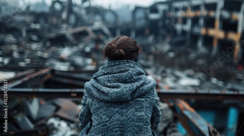 Wallpaper Mural A woman sits quietly in a devastated urban area, reflecting solitude and resilience amidst the wreckage, evoking powerful emotions about loss and recovery in challenging environments. Torontodigital.ca