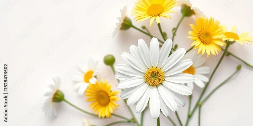 Obraz premium Single white daisy blossom, isolated on white backdrop Flat lay, top view, daisy flower, clean