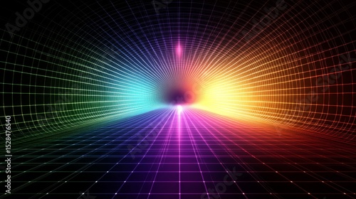 Colorful grid tunnel extending into a vibrant light source.