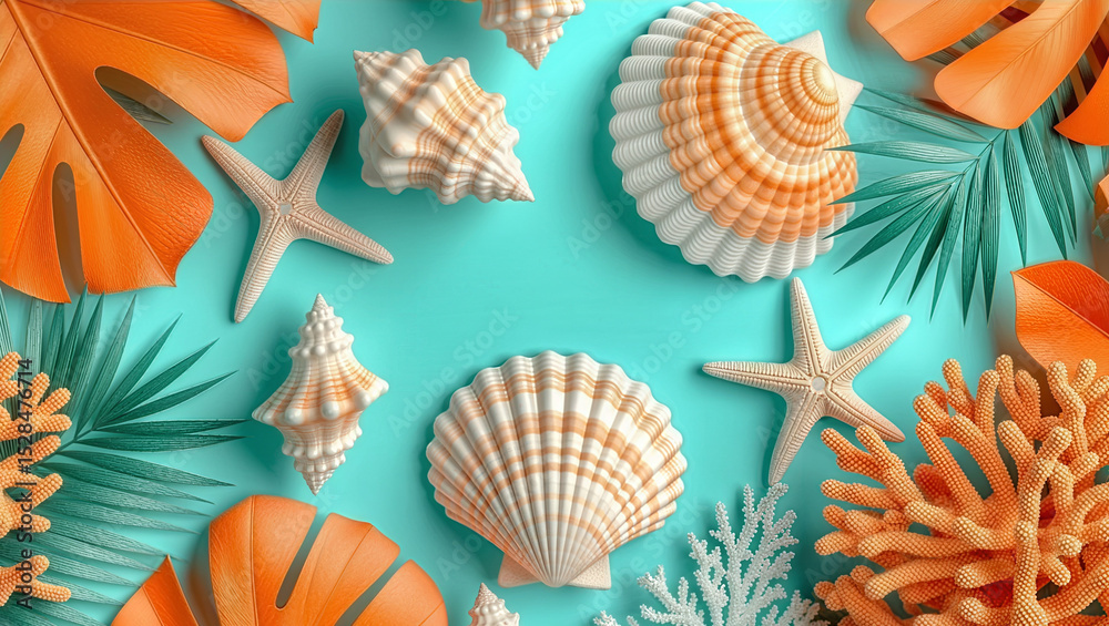 Obraz premium Bright tropical beach design showcasing coral seashell patterns