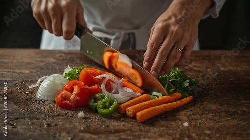 Chef Hands Skillfully Chopping Fresh Colorful Vegetables in Professional Kitchen
