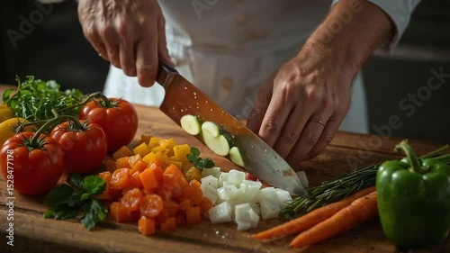 Chef Hands Skillfully Chopping Fresh Colorful Vegetables in Professional Kitchen
