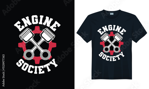 Engine Society Car Culture T-Shirt Design with Pistons and Gear Icon for Auto Mechanics Fans