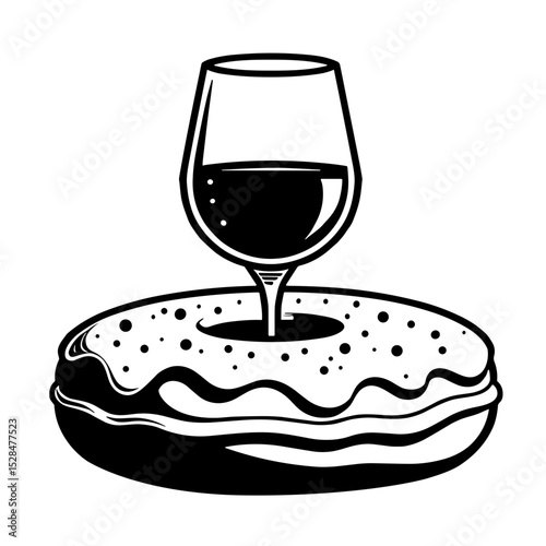 Glass of red wine with donut hand-drawn sketch illustration in minimal style - concept of indulgence and gourmet snack pairing - wine and dessert set