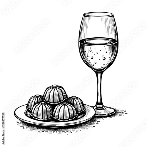Glass of white wine and chocolate truffles in hand-drawn sketch style on plate - concept of dessert pairing combo set - upscale cafe treat