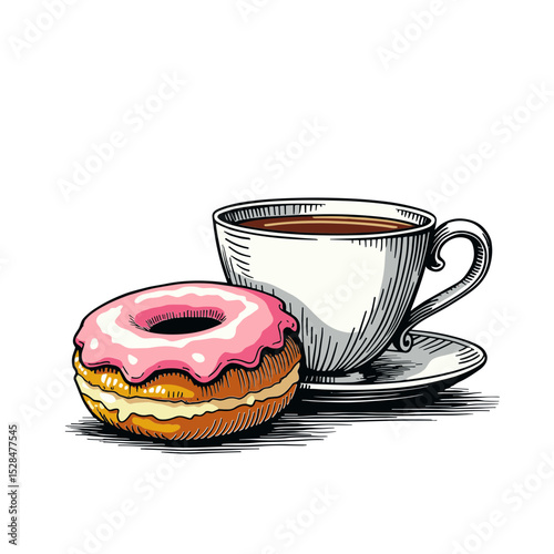 Cup of coffee with pink frosted donut in hand-drawn style illustration - concept of sweet pairing combo set for cafe or bakery menu