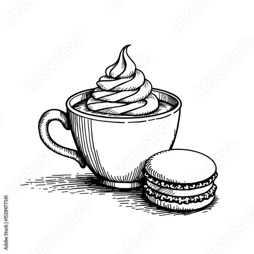 Whipped coffee with macaron in hand-drawn sketch style illustration - concept of dessert pairing combo for cafe menu - cozy gourmet set