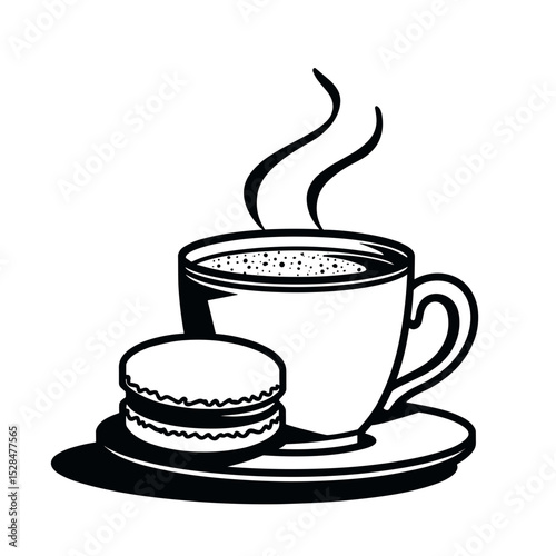 Hot coffee with macaron in hand-drawn sketch style illustration - concept of elegant cafe treat and dessert pairing combo set
