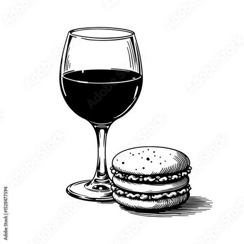 Red wine glass with macaron hand-drawn sketch black line illustration - concept of elegant dessert pairing combo for cafe or fine menu