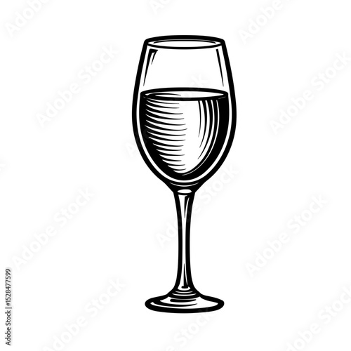 Glass of white wine hand-drawn black line illustration in minimal elegant style - concept of refined beverage for upscale cafe or wine menu