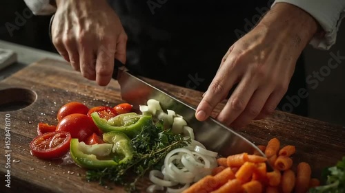 Chef Hands Skillfully Chopping Fresh Colorful Vegetables in Professional Kitchen
