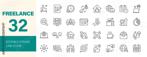 Freelance icon set. Containing work online, remote work, freelancer, home office, client meeting, self-employed, side hustle, digital nomad and more. Editable line icons. Vector illustration.