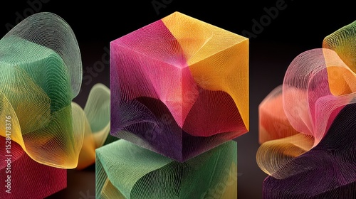 Multicolored cubes with flowing, textured lines.