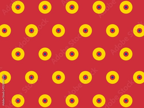 Seamless pattern of yellow circles with blue centers on a red background, creating a bold and vibrant design.