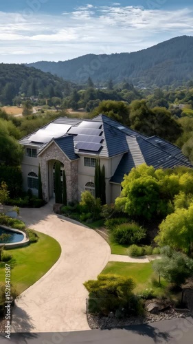 Wallpaper Mural Elegant suburban house with a solar panel roof, winding driveway, swimming pool, and lush green trees against rolling hills. Torontodigital.ca