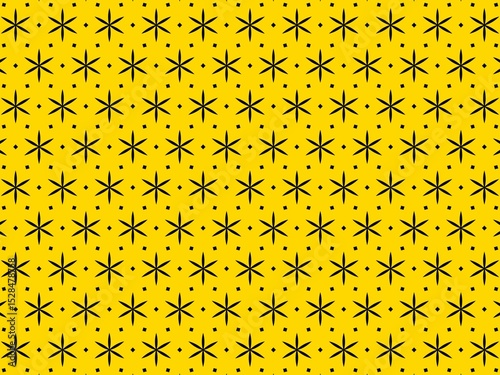 Geometric seamless pattern featuring black starbursts on a vibrant yellow background, ideal for textile, wallpaper, and branding designs.