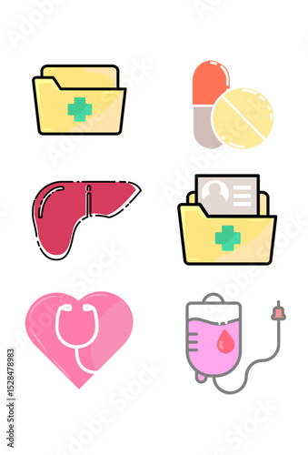 Medical icons. folders, pills, liver, stethoscope, blood bag.
Healthcare symbols: organ, medication, records, transfusion, heart.
