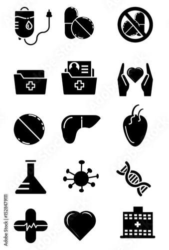 Medical symbols: blood bag, pills, organs, lab, virus, DNA, hospital.
Healthcare icons. drugs, body parts, science, DNA, hospital building
