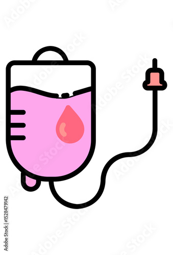 Cartoon blood bag with tube and droplet, pink liquid.
Medical drip icon. pink fluid in bag, red drop
