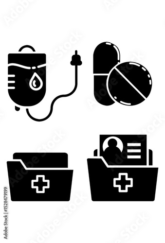Medical supplies and patient records icons.
blood bag, pills, medical files
