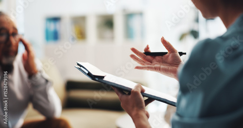Therapy, hands and mature patient for clipboard, consulting and support with grief at clinic. People, psychologist and counselling for mental health, anxiety and checklist with caregiver advice