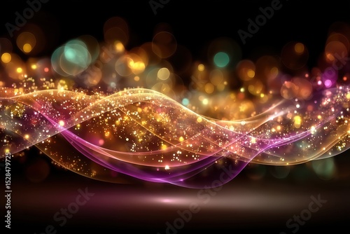 Abstract design with swirling, shimmering lines and sparkling lights.