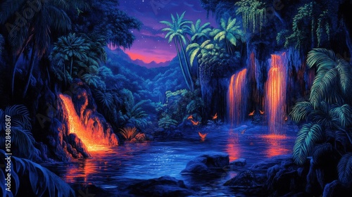 A vibrant tropical paradise of lava falls.