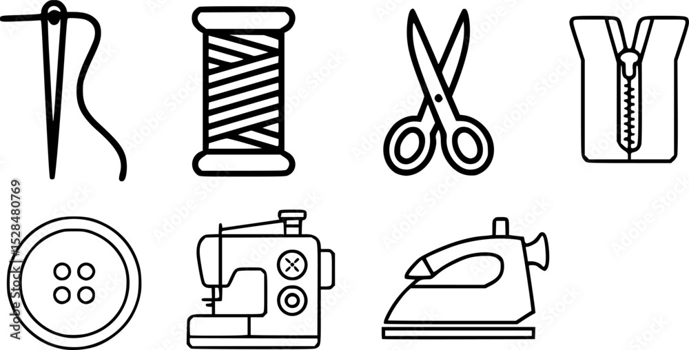 Fototapeta premium Sewing Tools Vector Icon Set – Needle, Thread, Scissors, Zipper, Button, Sewing Machine and Iron Line Art for Tailoring and Craft Projects