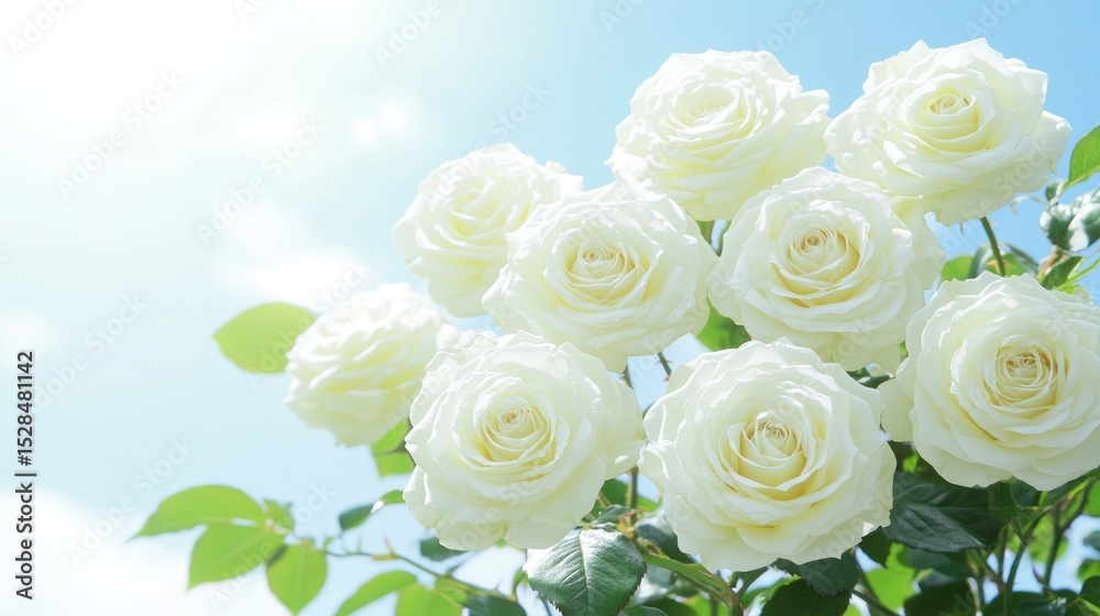 A cluster of creamy white roses, lush green foliage, and a bright, sunny sky create a cheerful, vibrant image A cluster of creamy white roses, lush green foliage, and a bright, sunny sky create a cheerful, vibrant image