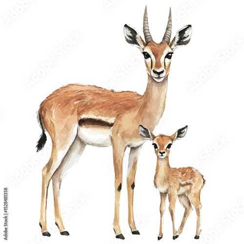 A Mother Antelope With Her Kid, watercolor painting vector, high quality, isolated on a white background.