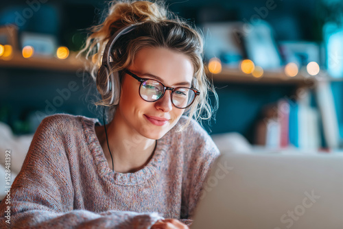 Woman with headphones using laptop at home