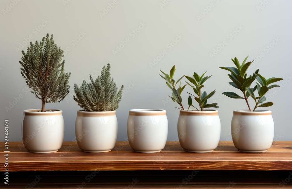 Fototapeta premium A beautiful arrangement of various indoor plants in white ceramic pots, showcasing the harmony of nature with sleek, modern design that adds a touch of freshness to any space.